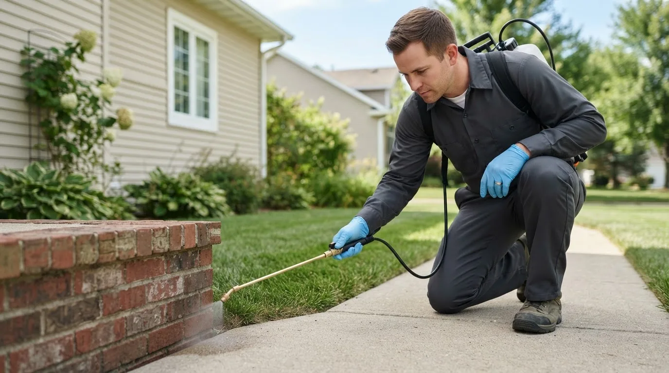Pest control technician treating a home near Pilot Mound, IA